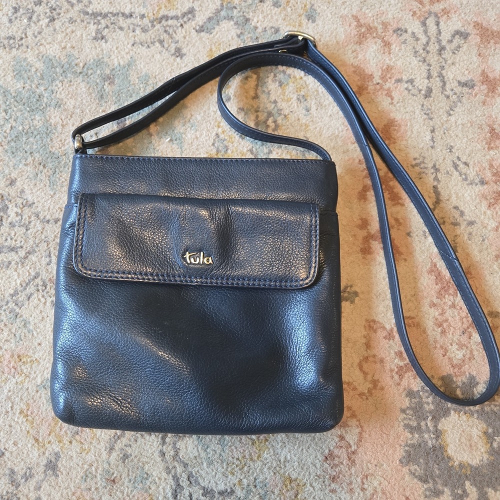 Tula Blue Leather Crossbody EUC Soft European Front Flap Brass